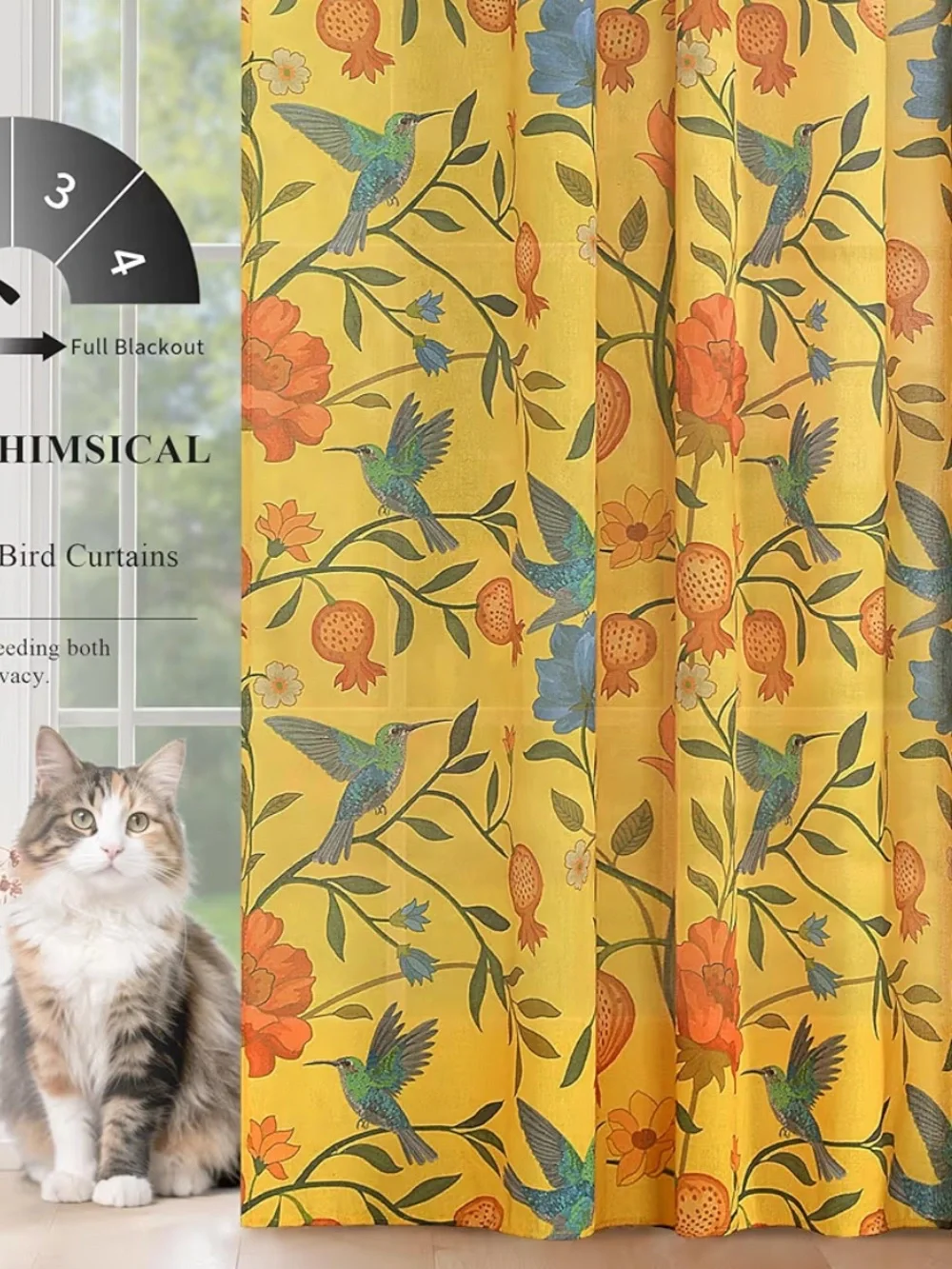 Floral bird yellow curtains 52 X 96” NEW